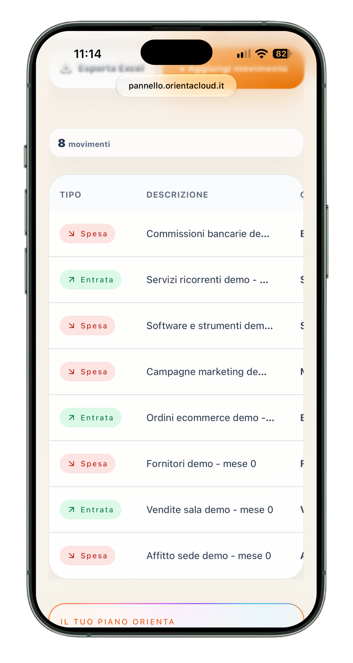 Vista mobile di Orienta con la prima fase del modulo Movimenti